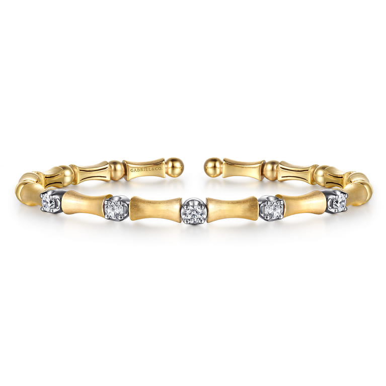 14K White  Yellow Gold Diamond Brush Finish Bamboo Bangle Bracelet - 0.5 ct - Shot 1