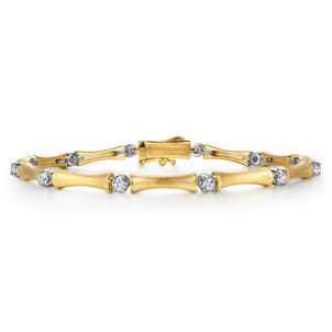 14K White  Yellow Gold Diamond Brush Finish Bamboo Tennis Bracelet