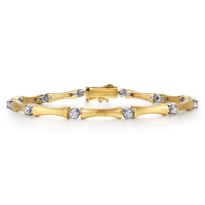 14K White  Yellow Gold Diamond Brush Finish Bamboo Tennis Bracelet