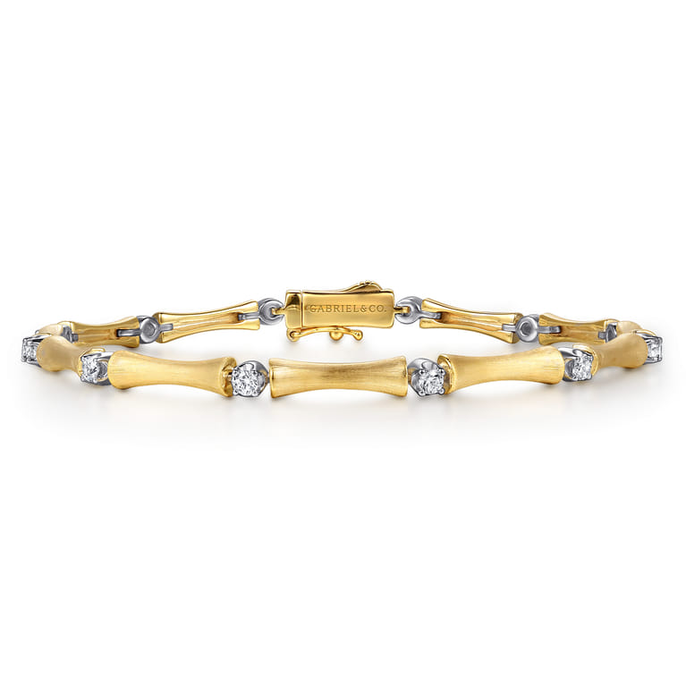 14K White  Yellow Gold Diamond Brush Finish Bamboo Tennis Bracelet - 0.5 ct - Shot 1