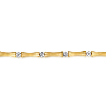 14K White  Yellow Gold Diamond Brush Finish Bamboo Tennis Bracelet