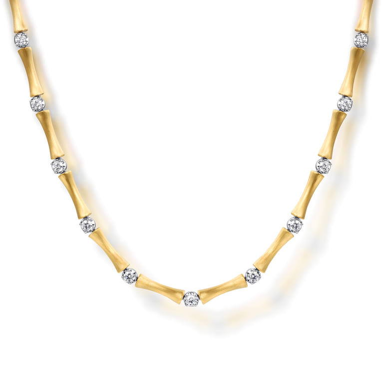 14K White  Yellow Gold Diamond Brush Finish Bamboo Tennis Necklace - 1.08 ct - Shot 1