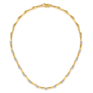 14K White  Yellow Gold Diamond Brush Finish Bamboo Tennis Necklace