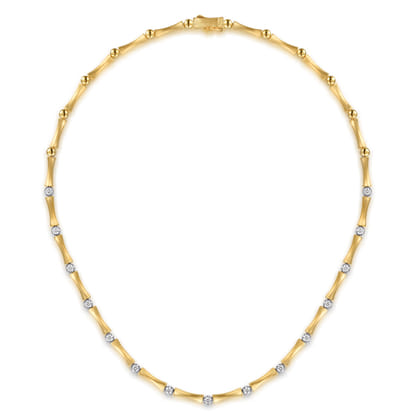 14K White  Yellow Gold Diamond Brush Finish Bamboo Tennis Necklace