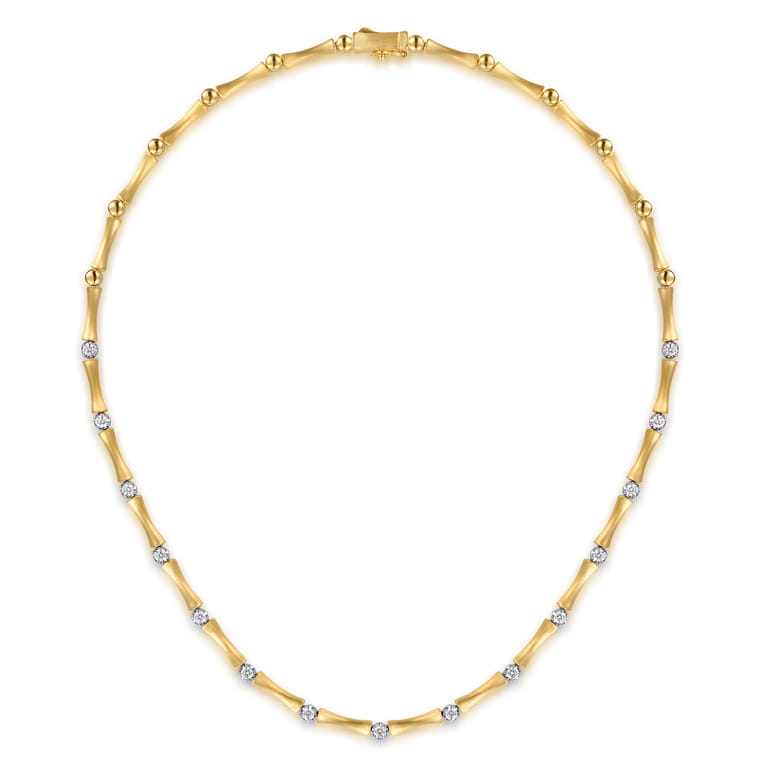 14K White  Yellow Gold Diamond Brush Finish Bamboo Tennis Necklace - 1.08 ct - Shot 2
