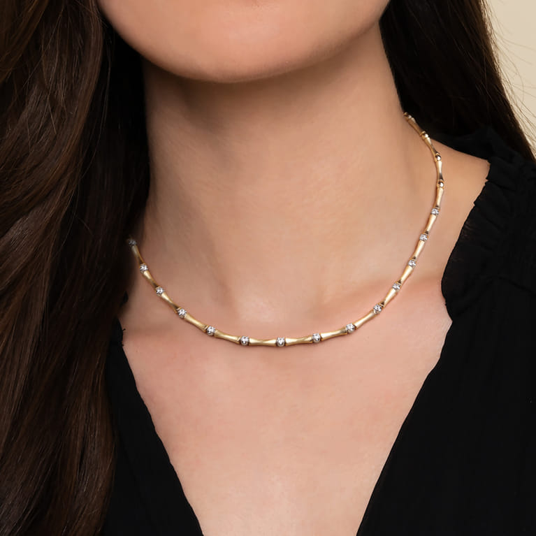 14K White  Yellow Gold Diamond Brush Finish Bamboo Tennis Necklace - 1.08 ct - Shot 3