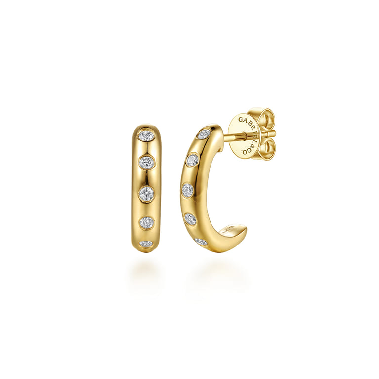 14K White  Yellow Gold Diamond Burnished Set J Hoop Earrings - 0.18 ct - Shot 1