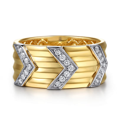 14K White Yellow Gold Diamond Chevron Wide Band Ring