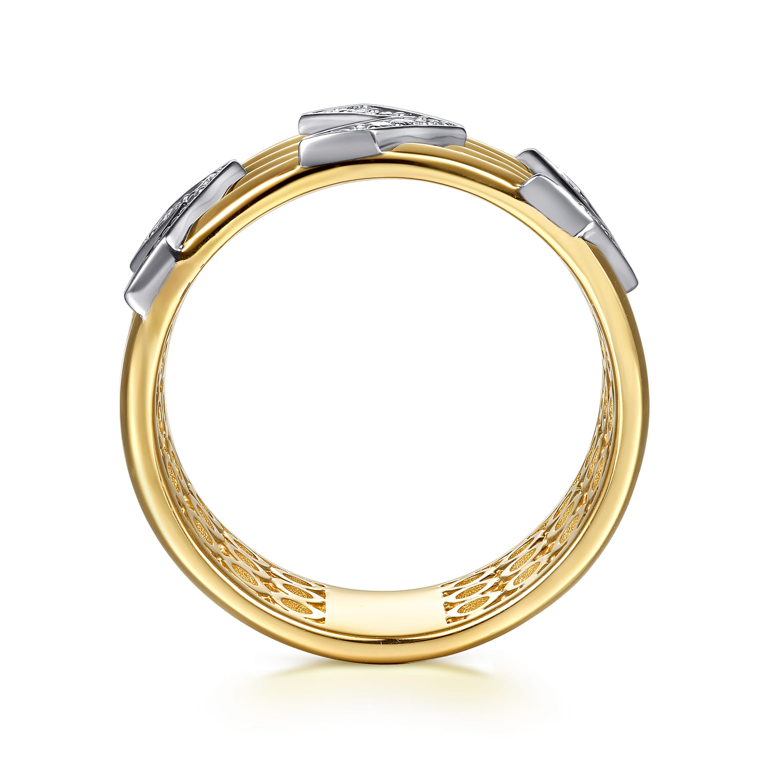 14K White Yellow Gold Diamond Chevron Wide Band Ring - 0.17 ct - Shot 2