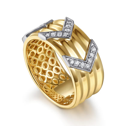 14K White Yellow Gold Diamond Chevron Wide Band Ring