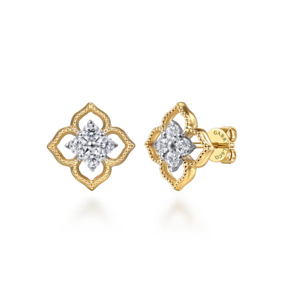 14K White  Yellow Gold Diamond Clover Stud Earrings