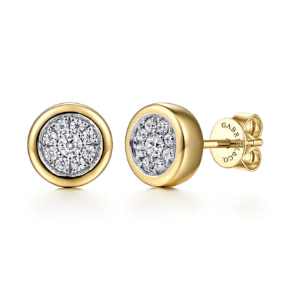 14K White-Yellow Gold Diamond Cluster Stud Earrings with Bezel Frame