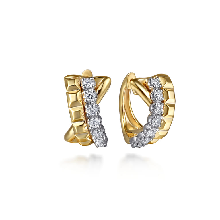 14K White  Yellow Gold Diamond Criss Cross Huggie Earrings - 0.5 ct - Shot 1