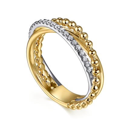 14K White  Yellow Gold Diamond Criss Cross Ring- Bujukan