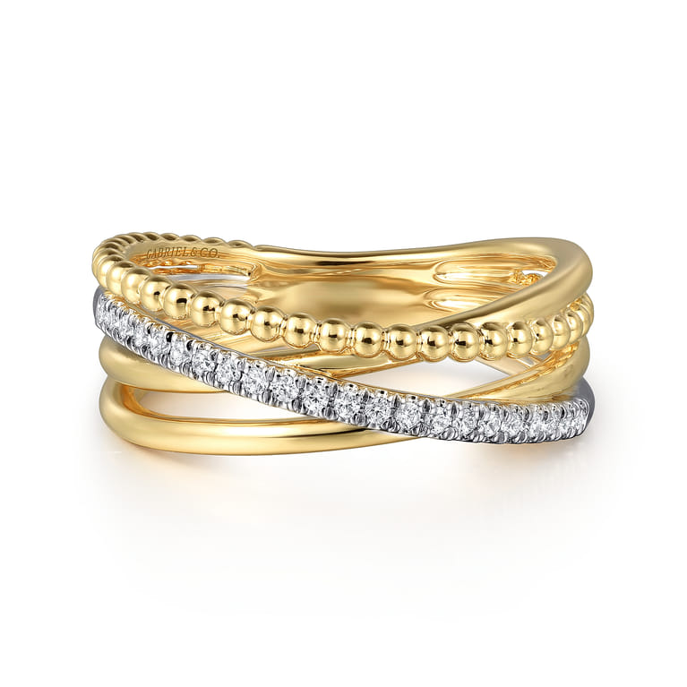 14K White  Yellow Gold Diamond Criss Cross Ring-Bujukan - 0.11 ct - Shot 1