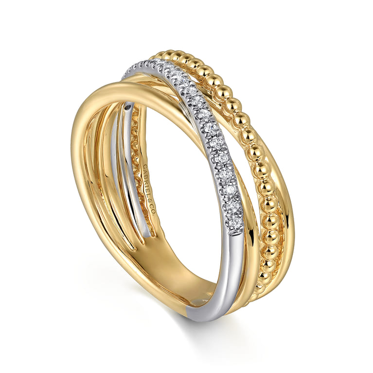 14K White  Yellow Gold Diamond Criss Cross Ring-Bujukan - 0.11 ct - Shot 3