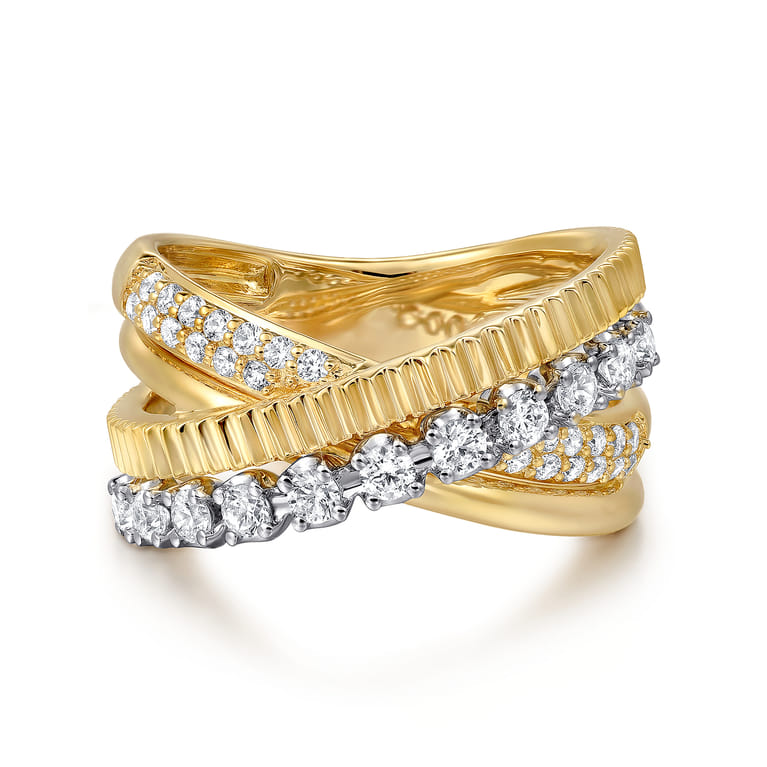 14K White Yellow Gold Diamond Criss Cross Ring - 0.55 ct - Shot 1