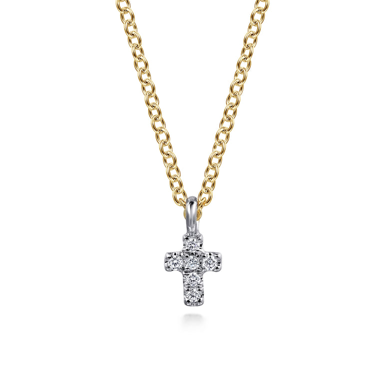 14K White  Yellow Gold Diamond Cross Pendant Necklace - 0.03 ct - Shot 1
