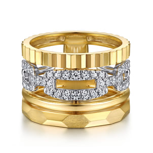 14K White  Yellow Gold Diamond Cut and Link Diamond Easy Stackable Ring