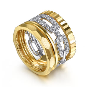 14K White  Yellow Gold Diamond Cut and Link Diamond Easy Stackable Ring