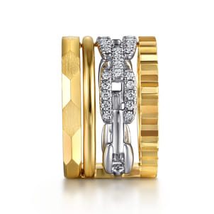 14K White  Yellow Gold Diamond Cut and Link Diamond Easy Stackable Ring