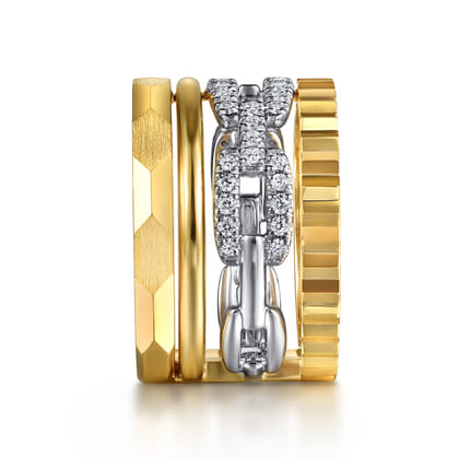 14K White  Yellow Gold Diamond Cut and Link Diamond Easy Stackable Ring