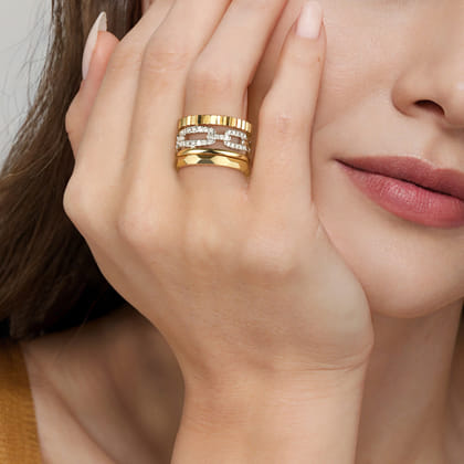 14K White  Yellow Gold Diamond Cut and Link Diamond Easy Stackable Ring