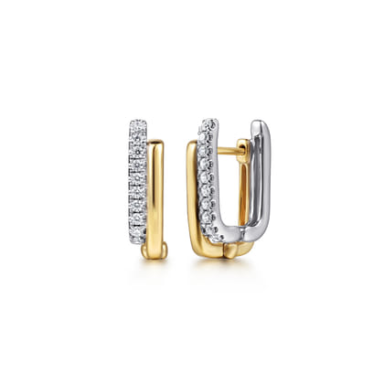 14K White  Yellow Gold Diamond Double Row Cushion shaped Huggie Earrings