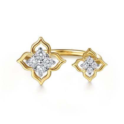 14K White  Yellow Gold Diamond Flower Open Ring