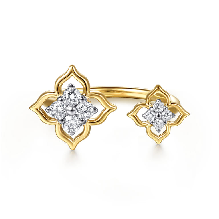 14K White  Yellow Gold Diamond Flower Open Ring - 0.3 ct - Shot 1