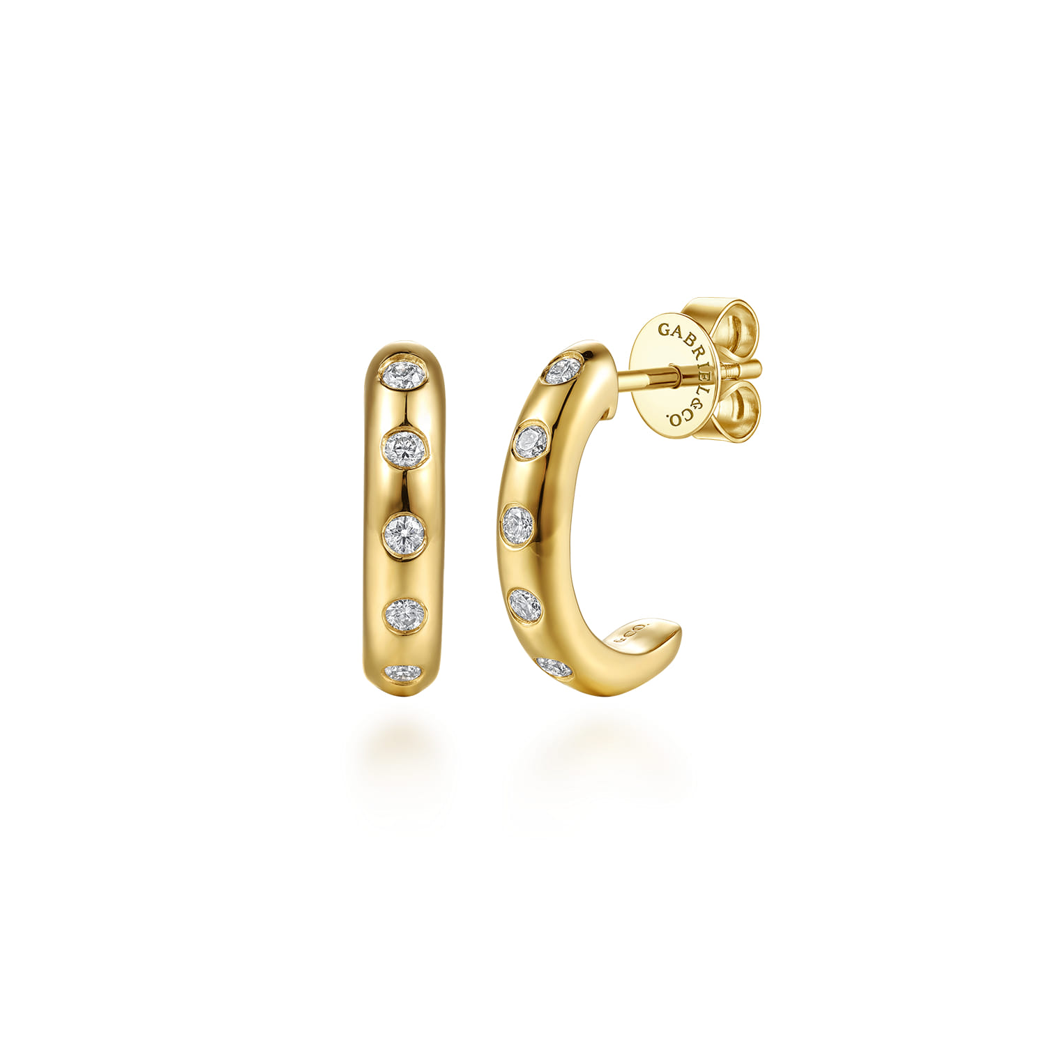 14K White  Yellow Gold Diamond Flush Set J Hoop Earrings - 0.18 ct - Shot 1