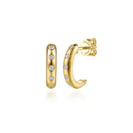 14K White  Yellow Gold Diamond Flush Set J Hoop Earrings