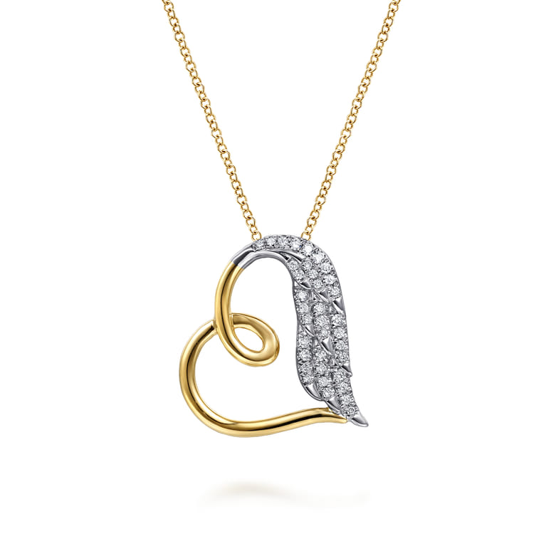 14K White  Yellow Gold Diamond Heart Angel Wing Pendant Necklace - 0.18 ct - Shot 1