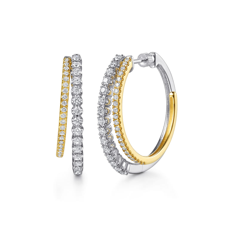 14K White Yellow Gold Diamond Intricate Hoop Earrings - 1.15 ct - Shot 1