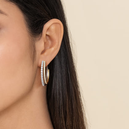 14K White Yellow Gold Diamond Intricate Hoop Earrings