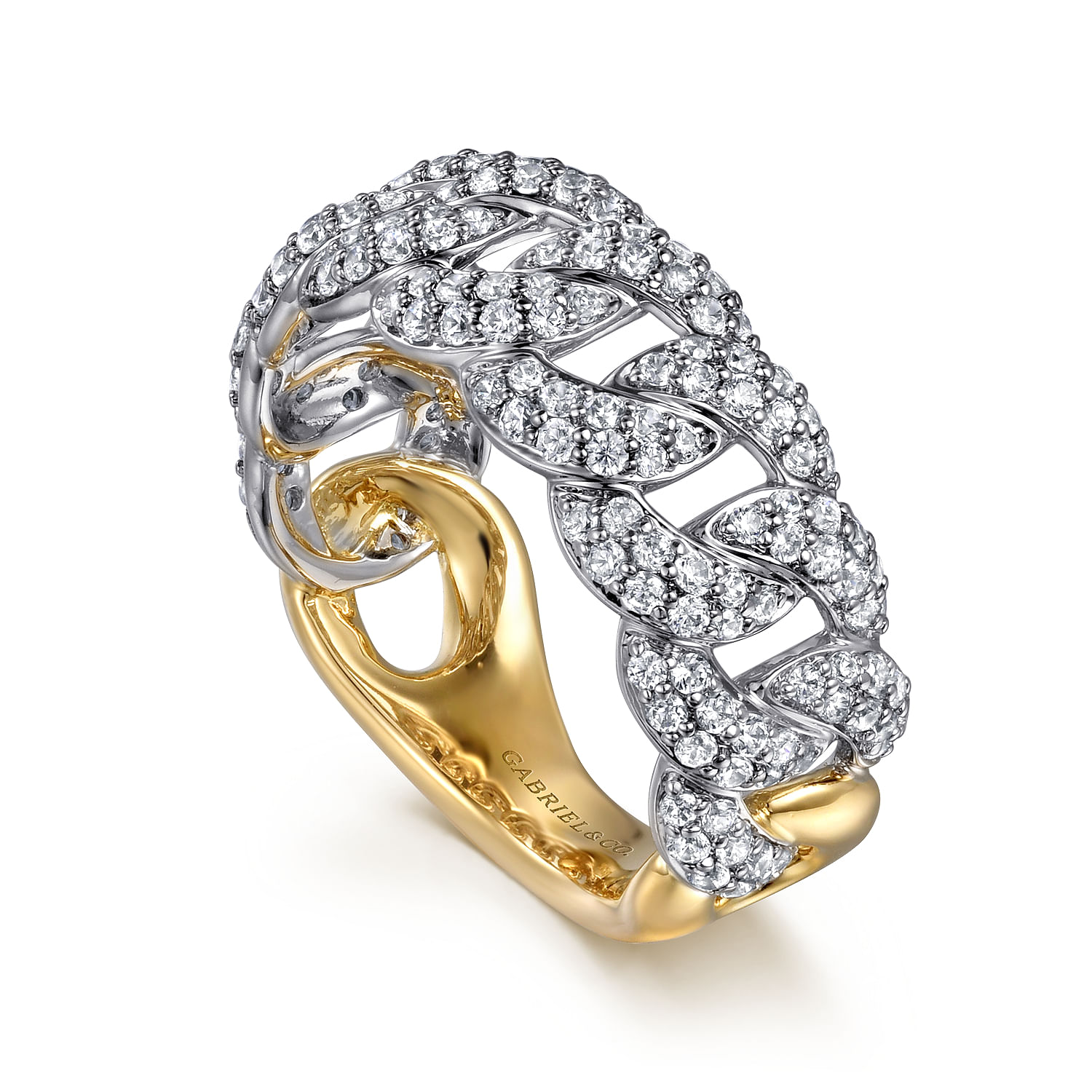 14K White  Yellow Gold Diamond Link Wide Band Ring