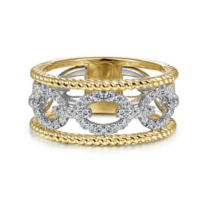 14K White-Yellow Gold Diamond Link and Twisted Rope Ring