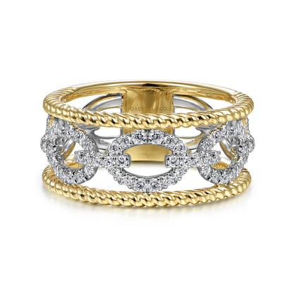 14K White-Yellow Gold Diamond Link and Twisted Rope Ring