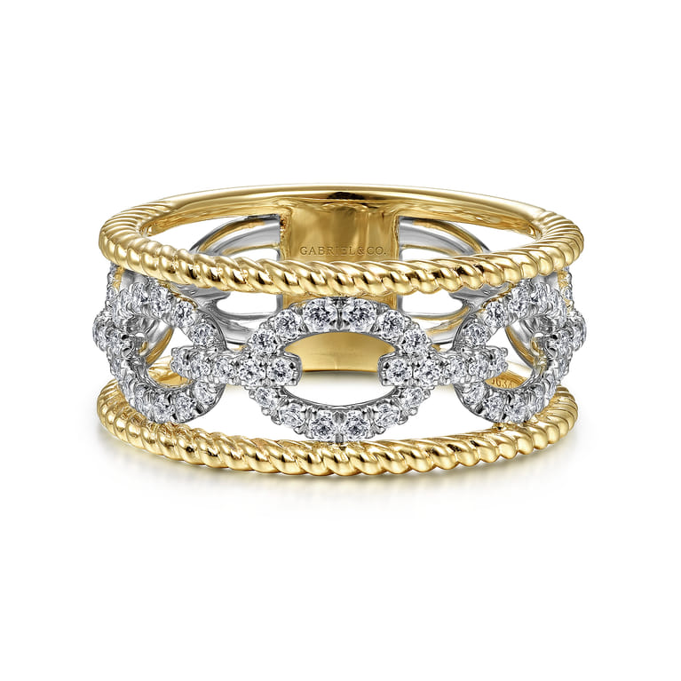 14K White-Yellow Gold Diamond Link and Twisted Rope Ring - 0.45 ct - Shot 1