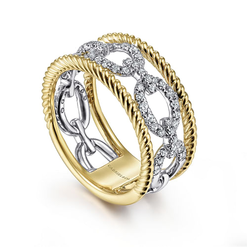 14K White-Yellow Gold Diamond Link and Twisted Rope Ring - 0.45 ct - Shot 3