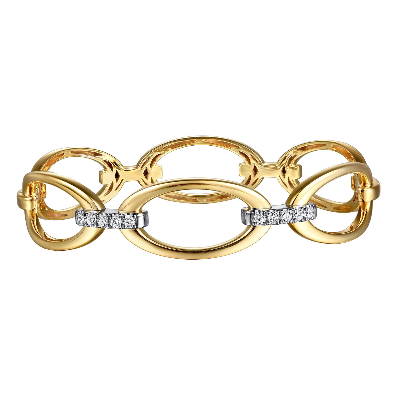 14K White  Yellow Gold Diamond Oval Link Bangle Bracelet - Shot 1