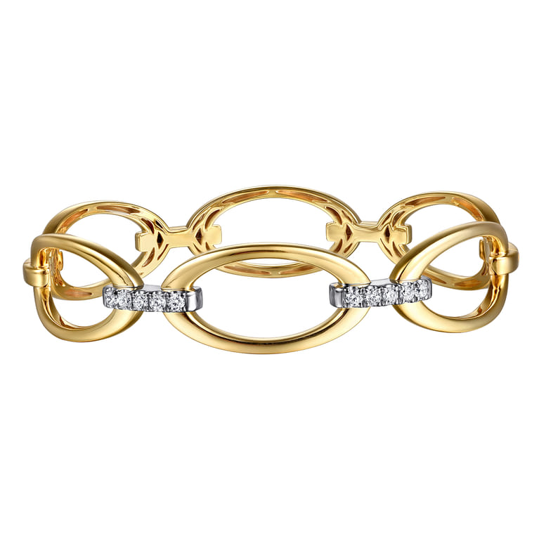 14K White  Yellow Gold Diamond Oval Link Bangle Bracelet - Shot 1