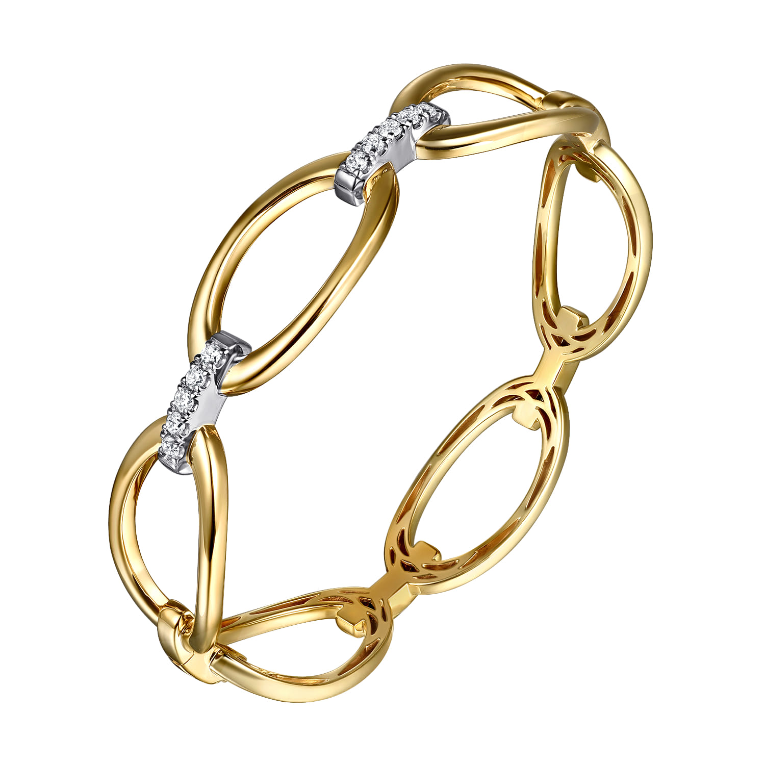 14K White  Yellow Gold Diamond Oval Link Bangle Bracelet - Shot 2