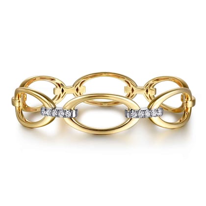 14K White  Yellow Gold Diamond Oval Link Bangle