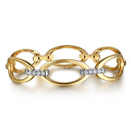 14K White  Yellow Gold Diamond Oval Link Bangle