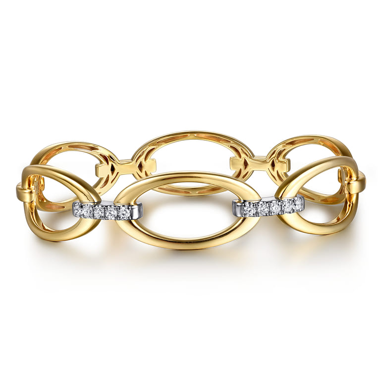 14K White  Yellow Gold Diamond Oval Link Bangle - 0.35 ct - Shot 1