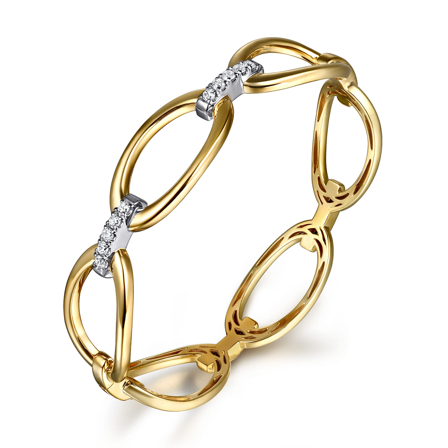 14K White  Yellow Gold Diamond Oval Link Bangle - 0.35 ct - Shot 2
