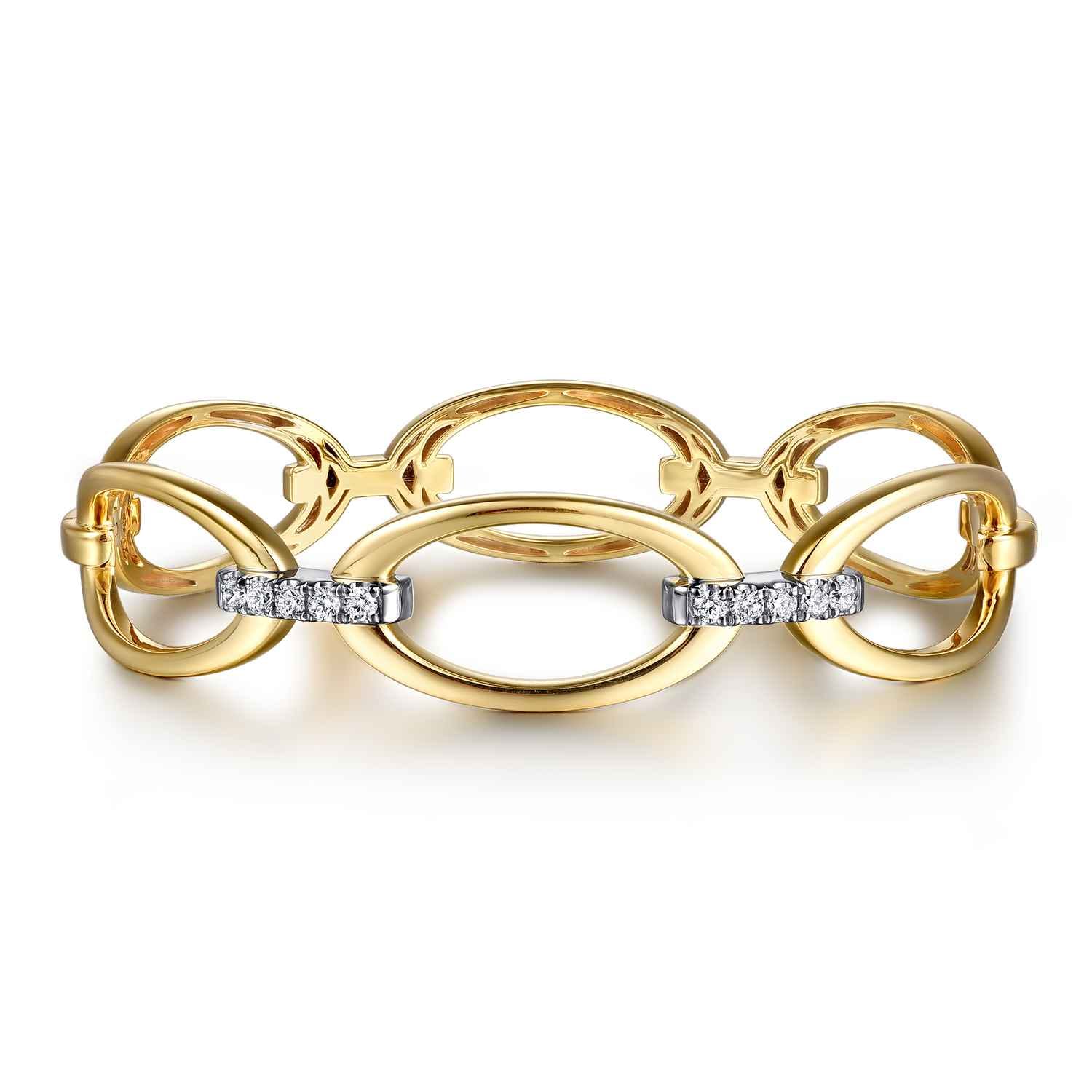 14K White  Yellow Gold Diamond Oval Link Bangle - Shot 1