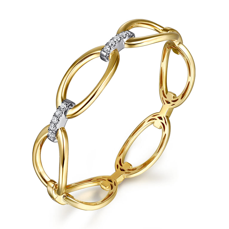 14K White  Yellow Gold Diamond Oval Link Bangle - Shot 2