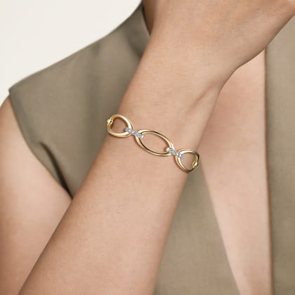 14K White  Yellow Gold Diamond Oval Link Bangle
